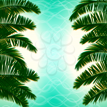 Tropical Paradise top view beach Golden sand for travel and ticket sales. Green palm leaves template isolated blue lagoon background. Summer vector abstract illustration. Realistic picture.