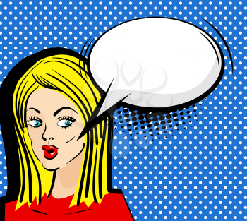 Blank comic speech bubble phrase. Comics style. Vector illustration. Surprised attractive pop art blonde girl with long hair empty comic balloon. Pin up woman with sensual sexy red lips talking.