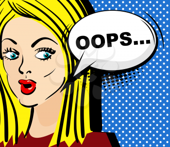 Pin up woman with sensual sexy red lips talking. Comic speech bubble phrase oops. Comics style. Vector illustration. Surprised attractive pop art blonde girl with long hair says oops.