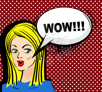 Vector illustration. Surprised attractive pop art blonde girl with long hair says wow. Pin up woman with sensual sexy red lips talking. Comic speech bubble phrase wow. Comics style.