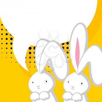 Vector festive hand drawn illustration. Comic bubble, empty balloon. Yellow halftone background. Two white cute rabbit with big ears pink nose, congratulates Easter, Birthday or other holiday.