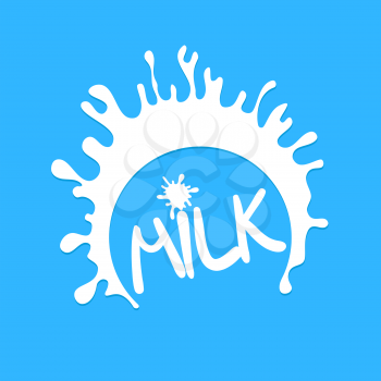 Flavored milk label template. Realistic white milk splash 3D. Blot on blue background. Package design of dairy products. Vector Illustration.