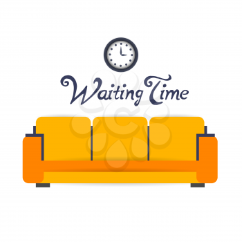 waiting room background interior colorful design with furniture: double sofa and electric clock. Vector flat style illustration. Material vector icon