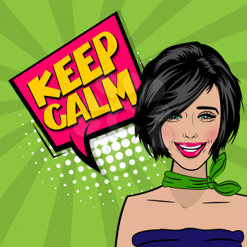 Beautiful sexy girl cool hairstyle say keep calm, smiling in pop art style. Comic book retro texture halftone background. Vector vintage dot sunbeam illustration. Colored comic text speech bubble.