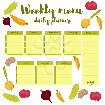 Green colorful modern paper note week healthy eating doodle. Breakfast, lunch, dinner. Weekly menu calendar. Template shopping list product and vegetables. Planner Vector.