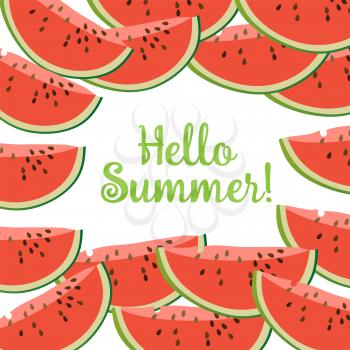 Hello Summer Inscription over Watermelon. Vector Watermelon isolated on green background.
