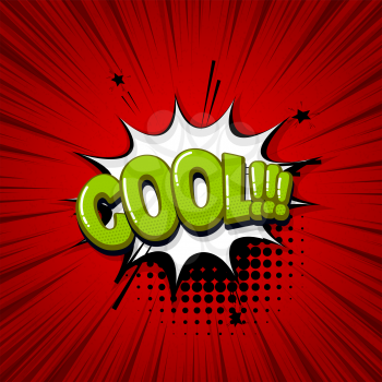 Cool fashion comic text sound effects pop art style. Vector speech bubble word and short phrase cartoon expression illustration. Comics book colored background template.