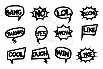Comic text laser cut photo booth. Vector black silhouette isolated on white background. Comic cartoon speech bubble set. Wow, boom, bang, oops funny phrases pop art style.