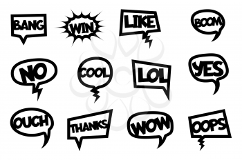 Comic text laser cut photo booth. Vector black silhouette isolated on white background. Comic cartoon speech bubble set. Wow, boom, bang, oops funny phrases pop art style.