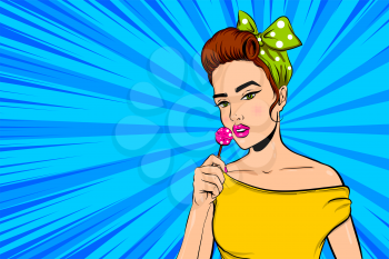 Pop art brunette woman portrait in retro style. Girl hold lollipop in hand. Surprised wow face with open mouth. Pink bow vintage hairstyle. Pop art retro girl.