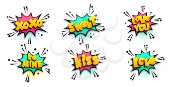 Comic text speech bubble in retro pop art style. Halftone background talk chat retro speak message. Comic speech bubbles set with different emotions and text xoxo, kiss, love, be mine