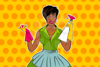 Beautiful black african pop art girl in green dress and apron cleaning at home in yellow gloves. Bright vector Housewife. Shocked emotions. Cartoon black woman in pinafore halftone background.