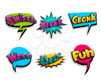 Lettering . Comic text logo sound effects. Vector bubble icon speech phrase, cartoon font label, sounds illustration. Comics book funny text.