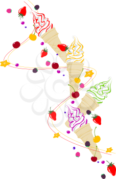  Ice cream,  berries and fruits flying on a white background