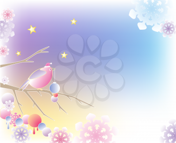 Christmas background with bird sittings on a branch and snowflakes