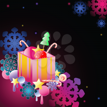Christmas background with gift, candies and snowflakes