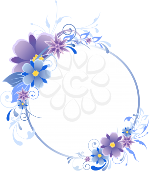 round blue  banner with flowers, leaves  and ornament