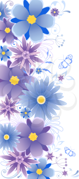 floral background  with blue flowers, leaves, ornament and butterflies
