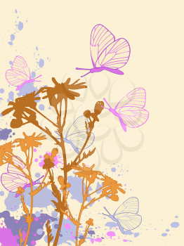 colored abstract floral background with chamomiles and butterflies
