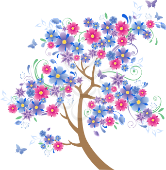 blue flowering tree and butterflies on a  white background