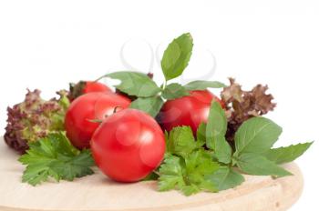 fresh red tomatoes and green parsley on white background