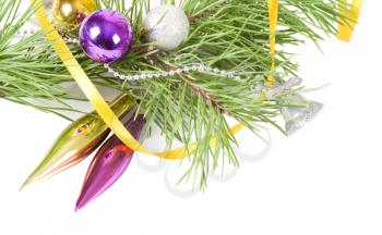 Christmas background with yellow ribbon and pine branch 