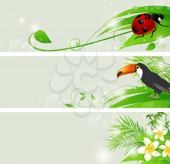 Set of vector summer banners with flowers and green leaves