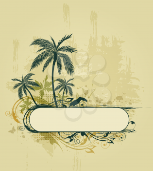 Vector grunge tropical background with palms and toucan