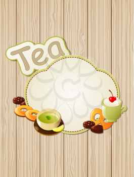 Vector background with tea label and cookies 