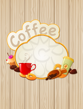 Vector background with coffee label, cup and cookies 