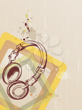 retro music background with headphones and blots