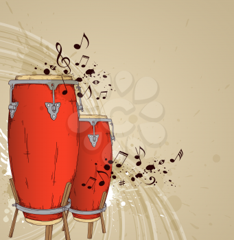Music background with red drums and notes