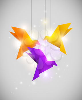 Vector shining background with origami birds