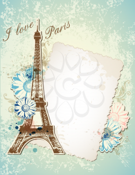 Vector blue background with old frame and  Eiffel tower