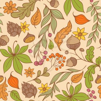 Vector autumn seamless pattern with leaves and flowers