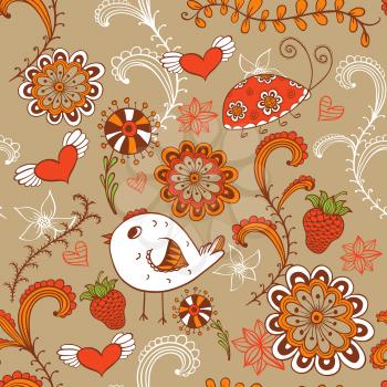 Vector seamless pattern with bird and flowers