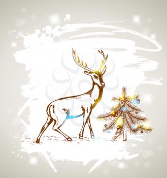 Vector Christmas grunge background with deer and Christmas tree