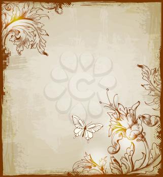 Vector vintage decorative  background with flowers and butterfly