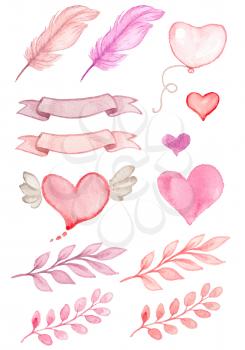 Set of pink romantic watercolor design elements for Valentine's day