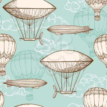 Hand drawn vintage vector seamless pattern with air balloons flying in the sky