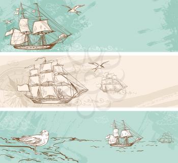 Vintage horizontal banners with sailing ships. Travel backgrounds. Hand drawn vector illustration.