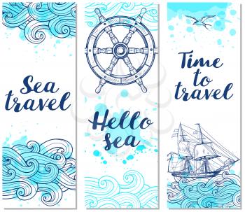 Blue vertical marine banners. Hand drawn travel backgrounds.