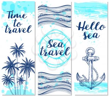 Blue vertical marine banners. Hand drawn summer travel backgrounds.