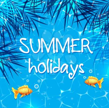 Blue summer marine background with golden fishes and palm branches. Tropical vector background.