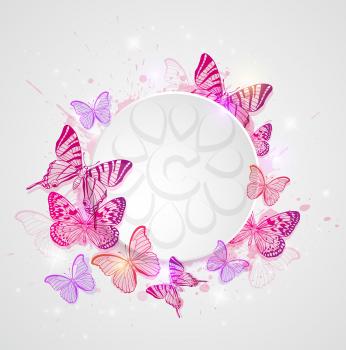Abstract vector round banner with pink and red butterflies