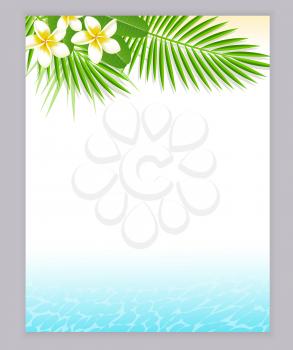 Decorative summer background with green leaves, tropical flowers and blue water