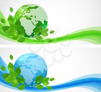 Planet Earth and green leaves. Horizontal banners with planet Earth.