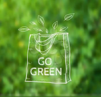 Reusable shopping  eco bag on a green blurred background. Vector illustration.