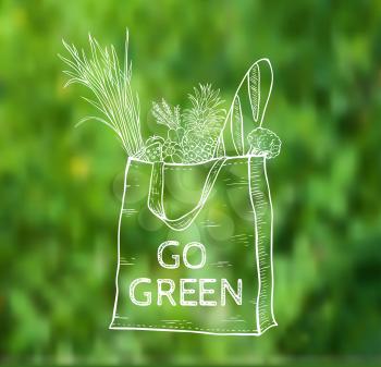 Reusable shopping  eco bag on a green blurred background. Hand drawn vector illustration.