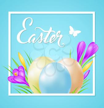 Easter card with eggs and violet crocuses in white frame on a blue background